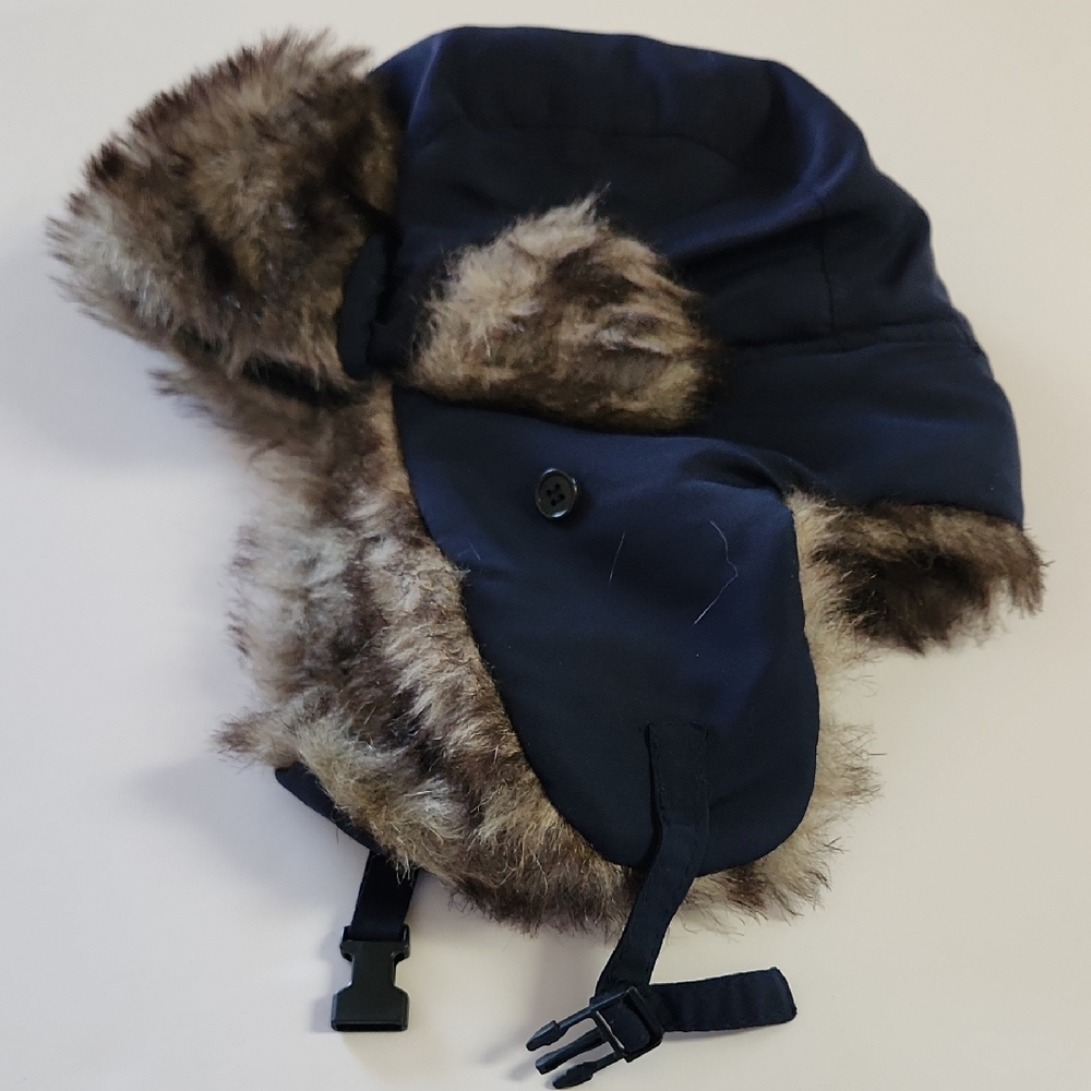 Vintage Winter Navy Blue Trapper Hat with Faux Fur